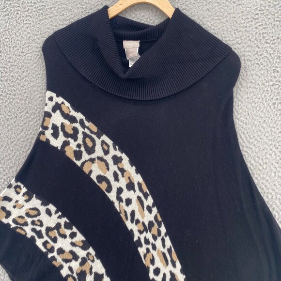 Chicos Sweater Womens Small Medium Black Leopard Print Detail Poncho Cowl Neck - Picture 2 of 9